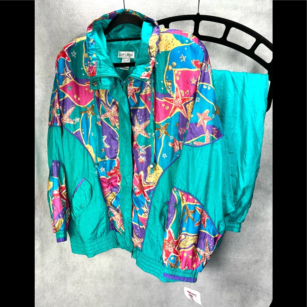 VTG NEW Lavon Windbreaker Suit Jacket & Pants Size XL Teal Blue Nylon Starfish